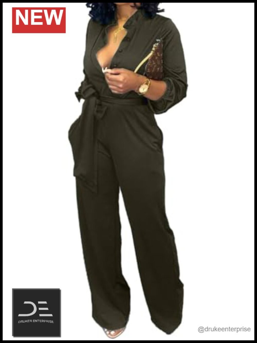 Women's V Neck Long Sleeve Wide Leg Jumpsuit with Belt Pockets